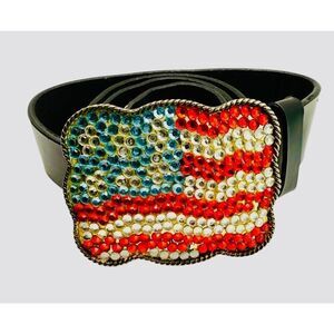 Flag Buckle Rhinestone Black Leather Belt Sz. M